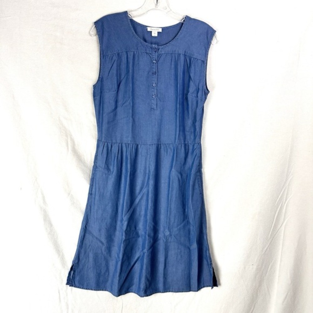 Garnet Hill Dress 4 Blue Chambray Sleeveless Pockets Sundress Travel Coastal